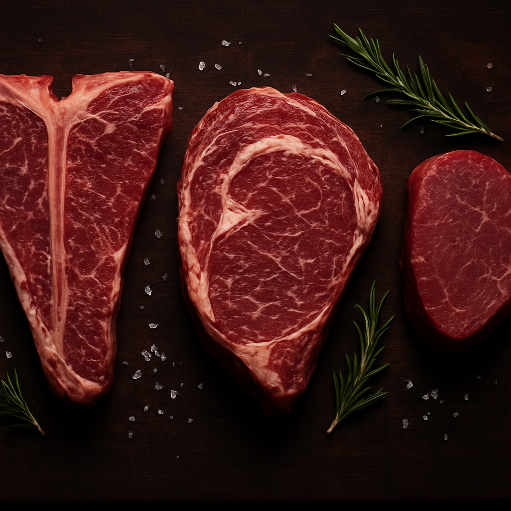 Premium fresh beef steaks on a butcher block