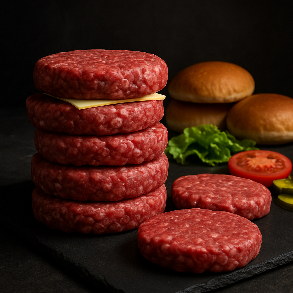Gourmet raw burger patties on a slate board
