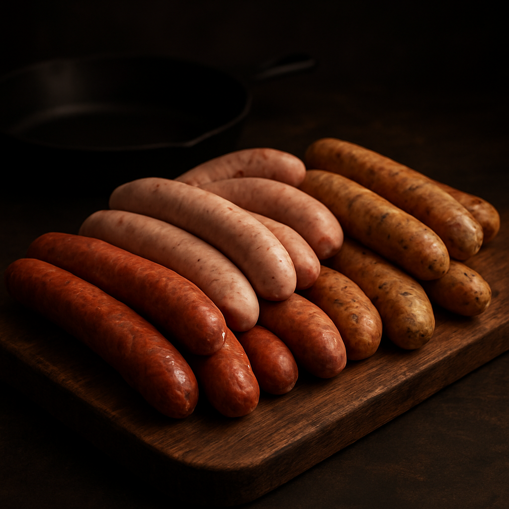 Artisan premium sausages on a wooden board