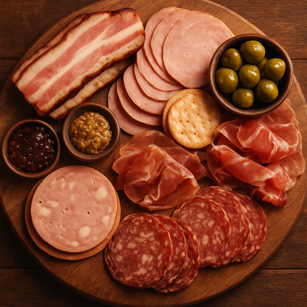 Artisan charcuterie and smallgoods flat lay on a wooden board
